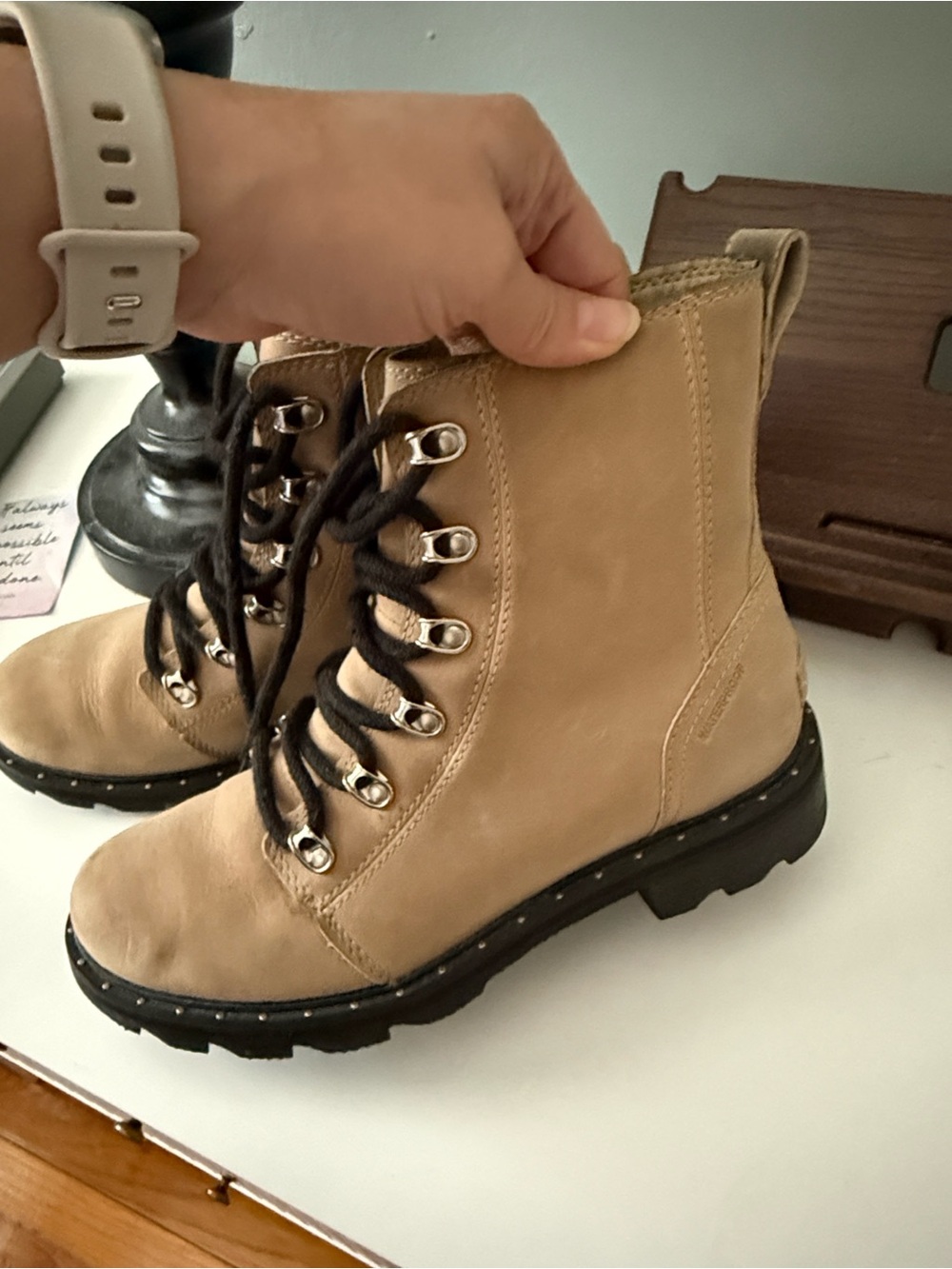 Sorel Tan Lace-Up Combat Boots with Black Lug Sole